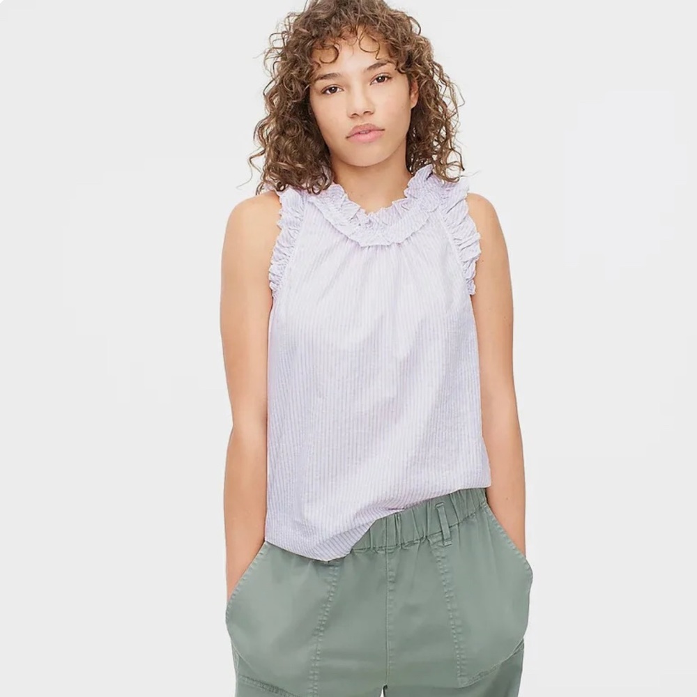 J. Crew lavender and white striped sleeveless ruffle collar blouse